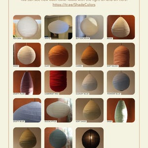 May include: A grid of pendant lamps in various colors, including white, beige, and blue. Each lamp is a different shape and texture. Text at the top reads, "You can see how each color looks with the light on and off here: https://tr.ee/ShadeColors."
