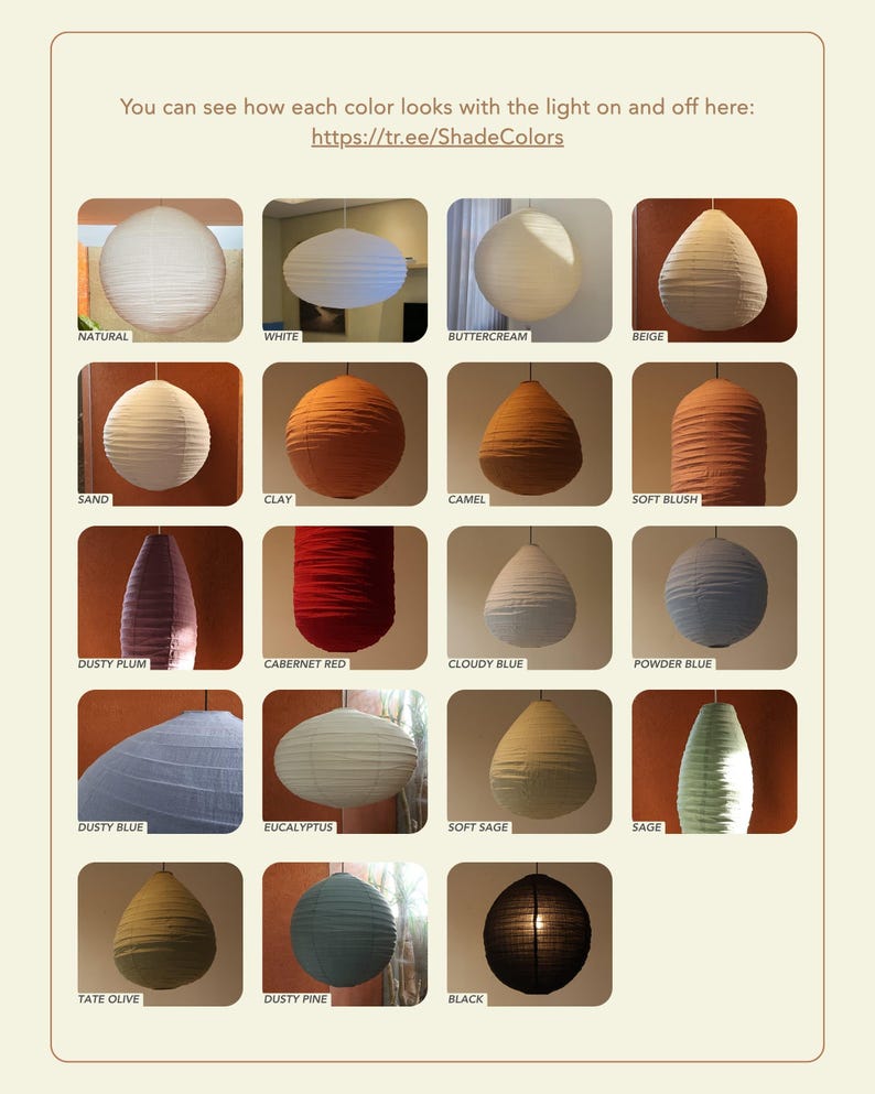 May include: A grid of pendant lamps in various colors, including white, beige, and blue. Each lamp is a different shape and texture. Text at the top reads, "You can see how each color looks with the light on and off here: https://tr.ee/ShadeColors."