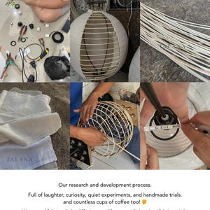 May include: A collage of images showing the research and development process for a spherical lamp. The images show the lamp's frame, materials, and assembly. Text on the image reads "TALANA" and "Our research and development process."