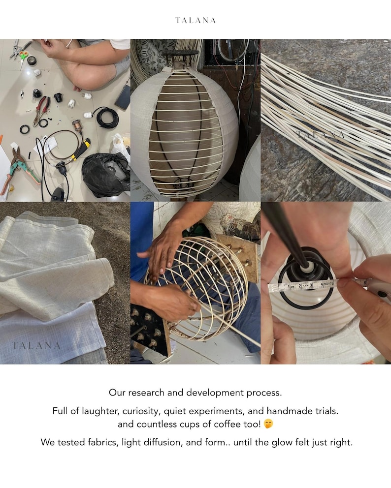May include: A collage of images showing the research and development process for a spherical lamp. The images show the lamp's frame, materials, and assembly. Text on the image reads "TALANA" and "Our research and development process."