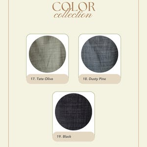 May include: A color collection graphic with three fabric swatches in circular frames. The swatches are labeled "17. Tate Olive", "18. Dusty Pine", and "19. Black". The text "COLOR collection" is at the top, and "TALANA" is at the bottom.