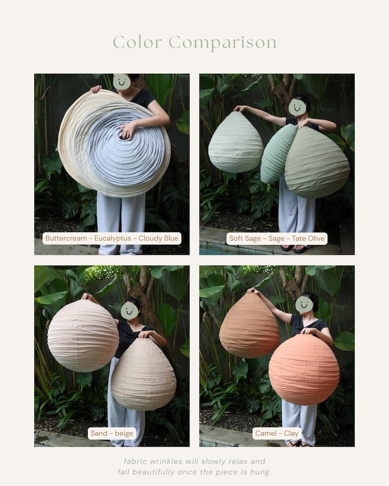 May include: A color comparison of decorative paper lanterns in various shades. The lanterns are held by a person, showcasing colors like buttercream, eucalyptus, cloudy blue, soft sage, sage, tate olive, sand, beige, camel, and clay. The text reads "Color Comparison".