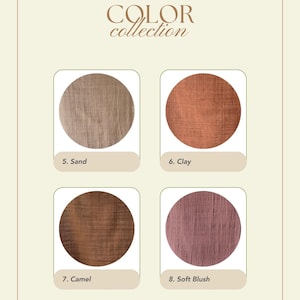 May include: A color palette graphic with four circular fabric swatches. The colors are sand, clay, camel, and soft blush. The text "COLOR collection" is at the top, and "TALANA" is at the bottom.