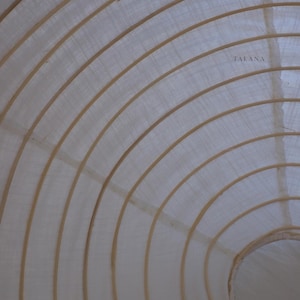 May include: A close-up view of a white, circular object with a series of curved, light brown wooden supports. The supports create a layered, concentric design. The word "TALANA" is printed in the upper right corner.