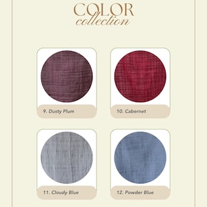 May include: A color collection display featuring four fabric swatches in Dusty Plum, Cabernet, Cloudy Blue, and Powder Blue. The swatches are circular and labeled with their respective names and numbers. The word "TALANA" is at the bottom.