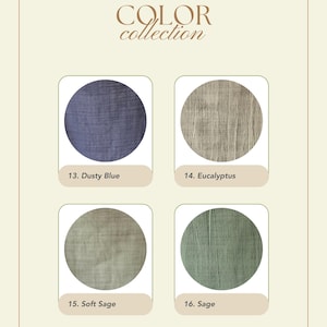 May include: A color palette display featuring four fabric swatches in a neutral color scheme. The swatches are labeled "Dusty Blue," "Eucalyptus," "Soft Sage," and "Sage." The text "COLOR collection" is at the top of the image.