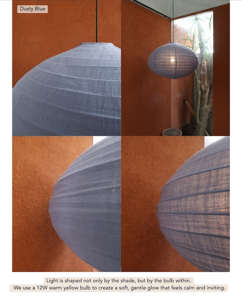 May include: Dusty blue pendant light with a textured, oval-shaped shade. The image shows the light fixture hanging from the ceiling. The text in the image says "Dusty Blue" and "Light is shaped not only by the shade, but by the bulb within."