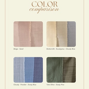 May include: A color comparison chart displays fabric swatches in various shades. The swatches include Beige-Sand, Buttermilk-Eucalyptus-Cloudy Blue, Cloudy-Powder-Dusty Blue, and Tate Olive-Dusty Pine. The text "COLOR comparison" is at the top, with the brand name "TALANA" at the bottom.