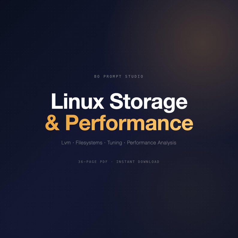 May include: A digital graphic with the text "Linux Storage & Performance" in white and gold. The text is on a dark blue and black gradient background. Additional text includes "Lvm &bull; Filesystems &bull; Tuning &bull; Performance Analysis" and "36-PAGE PDF &bull; INSTANT DOWNLOAD".