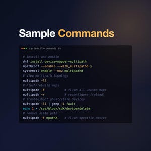 May include: A dark background displays the text "Sample Commands" in white and yellow. Below, a list of commands for systemctl and multipath is shown, with comments and code snippets in a monospace font. The file name "systemctl-commands.sh" is also visible.
