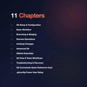 Pode incluir: Gr&aacute;fico azul escuro com o t&iacute;tulo "11 Cap&iacute;tulos" em laranja. A imagem lista t&iacute;tulos de cap&iacute;tulos como "Git Setup & Configuration", "Basic Workflow" e "GitHub Essentials". O texto &eacute; branco.