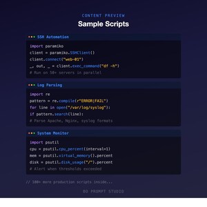 Pu&ograve; includere: Grafica blu scuro con il testo "CONTENT PREVIEW Sample Scripts" in alto. L'immagine mostra frammenti di codice per l'automazione SSH, l'analisi dei log e il monitoraggio del sistema. Il testo include commenti ed esempi di codice.