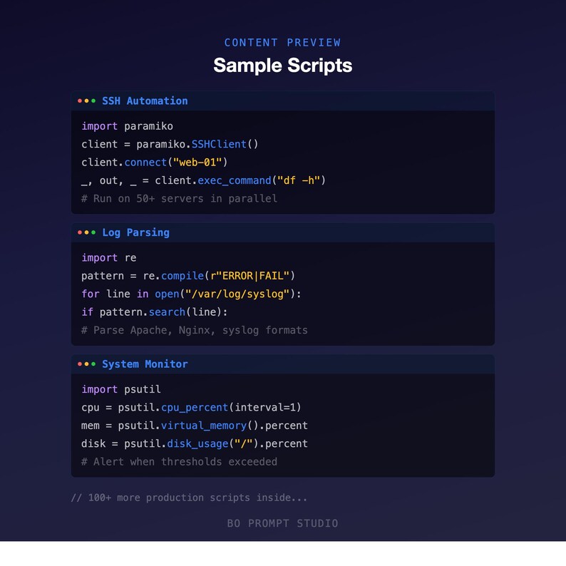 Pu&ograve; includere: Grafica blu scuro con il testo "CONTENT PREVIEW Sample Scripts" in alto. L'immagine mostra frammenti di codice per l'automazione SSH, l'analisi dei log e il monitoraggio del sistema. Il testo include commenti ed esempi di codice.