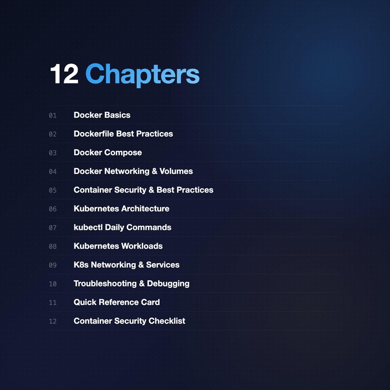 以下が含まれることがあります： 白と青で「12 Chapters」というテキストが入った濃い青色のグラフィック。 下には、Docker Basics、Kubernetes Architecture、Troubleshooting & Debuggingなどのトピックを詳述した番号付きリストがあります。