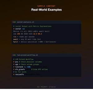 K&ouml;nnte beinhalten: Ein Screenshot mit Codebeispielen, darunter iostat-analysis.sh und lvm-extend-workflow.sh, mit Text wie "Device r/s w/s rkB/s wkB/s await %util" und "#LVM Extend Workflow". Der Text ist wei&szlig; auf dunklem Hintergrund.