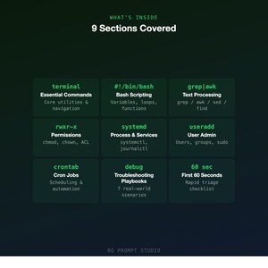 May include: A dark green graphic with the text "WHAT'S INSIDE" and "9 Sections Covered." The image lists topics including terminal commands, bash scripting, text processing, permissions, system processes, user admin, cron jobs, debugging, and a 60-second checklist.