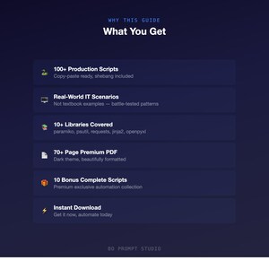 Pu&ograve; includere: Grafica blu scuro con testo bianco che recita "WHY THIS GUIDE What You Get". L'immagine elenca le funzionalit&agrave; tra cui 100+ Production Scripts, Real-World IT Scenarios, 10+ Libraries Covered e un PDF Premium di 70+ pagine.