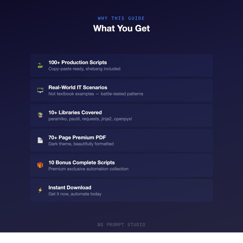 Pu&ograve; includere: Grafica blu scuro con testo bianco che recita "WHY THIS GUIDE What You Get". L'immagine elenca le funzionalit&agrave; tra cui 100+ Production Scripts, Real-World IT Scenarios, 10+ Libraries Covered e un PDF Premium di 70+ pagine.