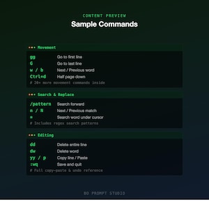 Puede incluir: Una gu&iacute;a de referencia digital verde oscuro titulada "Sample Commands" con texto blanco. La gu&iacute;a enumera comandos para movimiento, b&uacute;squeda y reemplazo, y edici&oacute;n. El texto incluye comandos como "gg", "G", "w/b", "Ctrl+d", "/pattern", "n/N", "*", "dd", "dw", "yy / p" y ":wq".