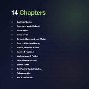 May include: A dark blue graphic with the text "14 Chapters" in green at the top. The image lists 14 topics, including "Beginner Guides", "Insert Mode", "Visual Mode", and "Debugging Vim".