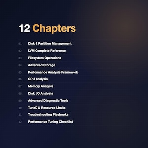 May include: A dark blue graphic with the title "12 Chapters" in white and gold. Below, a list of chapter titles includes topics like Disk & Partition Management, CPU Analysis, and Performance Tuning Checklist.