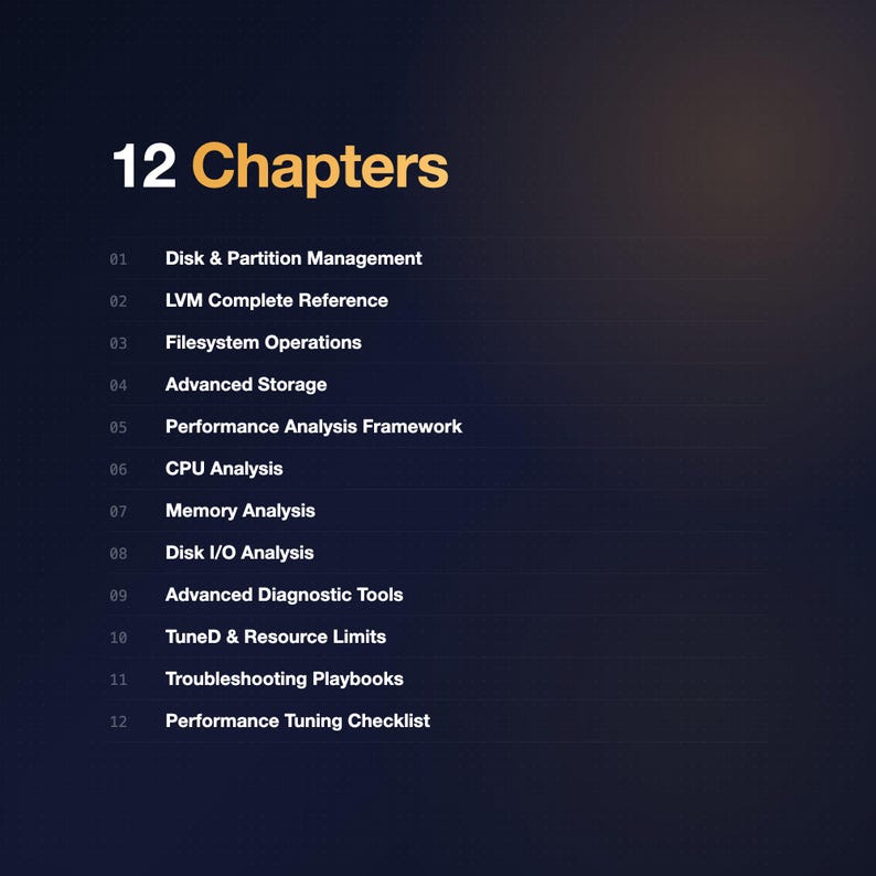 May include: A dark blue graphic with the title "12 Chapters" in white and gold. Below, a list of chapter titles includes topics like Disk & Partition Management, CPU Analysis, and Performance Tuning Checklist.
