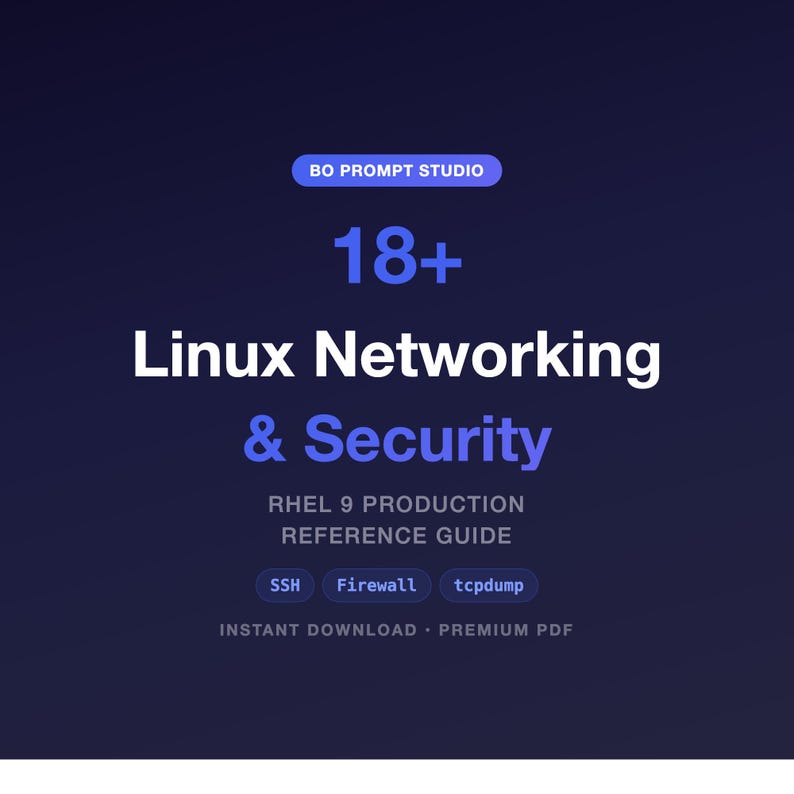 May include: A digital graphic with the text "BO PROMPT STUDIO" at the top. The image features the words "18+", "Linux Networking & Security", and "RHEL 9 PRODUCTION REFERENCE GUIDE". Keywords: SSH, Firewall, tcpdump, Instant Download, Premium PDF.