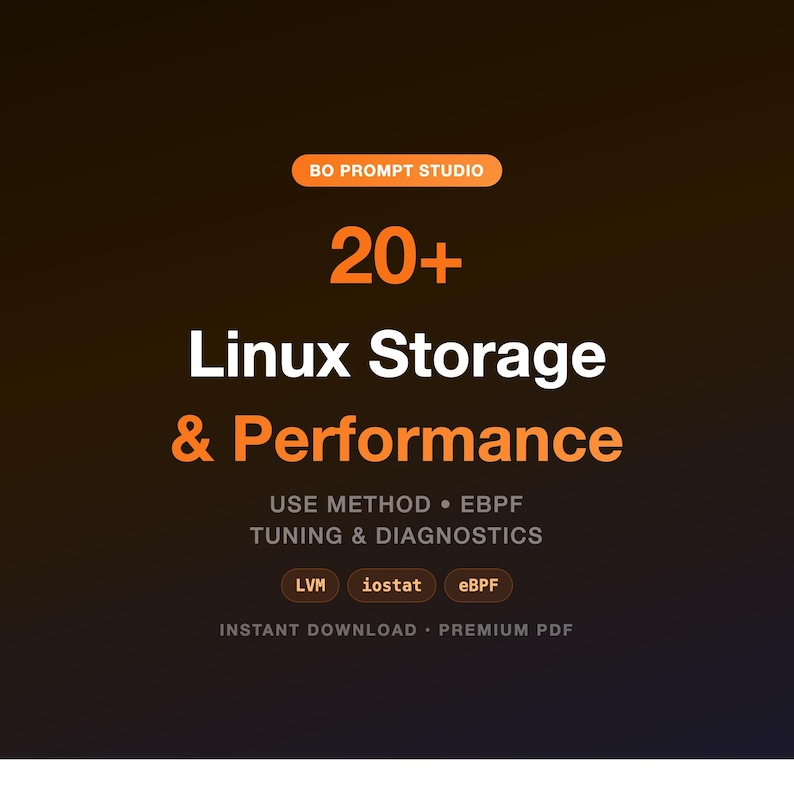K&ouml;nnte beinhalten: Digitalgrafik mit dem Text "BO PROMPT STUDIO" oben. Der Titel lautet "20+ Linux Storage & Performance". Zus&auml;tzlicher Text enth&auml;lt "USE METHOD &bull; EBPF TUNING & DIAGNOSTICS" und "LVM iostat eBPF".