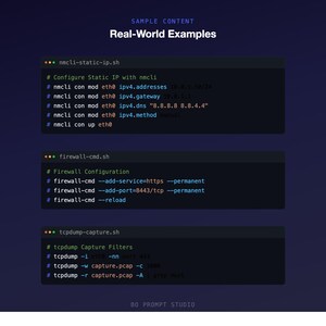 May include: A dark background displays code snippets for network configuration and firewall settings. The text includes commands for setting static IPs, configuring firewalls, and capturing network traffic. The title reads "Real-World Examples."