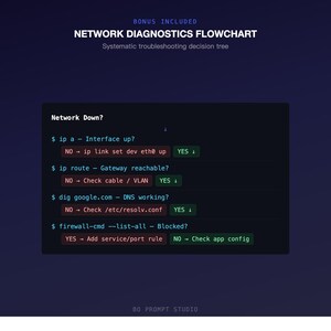 May include: A dark blue graphic with the text "NETWORK DIAGNOSTICS FLOWCHART" and "Systematic troubleshooting decision tree." The flowchart includes commands and questions related to network troubleshooting.