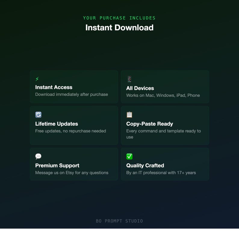 May include: A dark green graphic with white text that reads "YOUR PURCHASE INCLUDES Instant Download." Below are six green boxes with white text describing features like instant access, all devices, lifetime updates, copy-paste ready, premium support, and quality crafted.