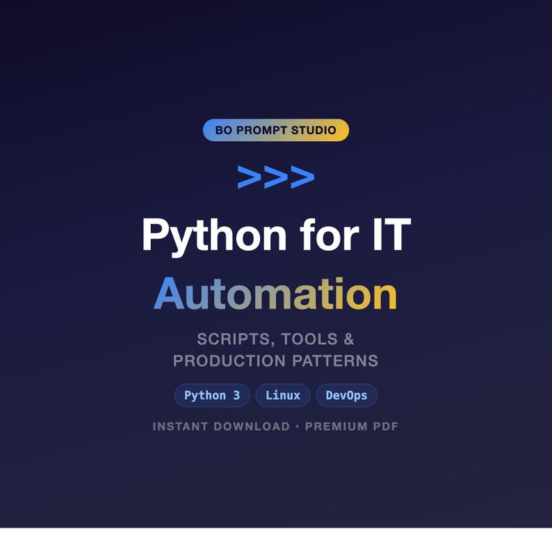 Pu&ograve; includere: Grafica digitale con sfondo blu scuro con il testo "Python for IT Automation" in bianco e giallo. Sotto, si legge "SCRIPTS, TOOLS & PRODUCTION PATTERNS". Il testo aggiuntivo include "Python 3", "Linux" e "DevOps".