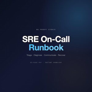 May include: A digital product cover with a dark blue gradient background. The title "SRE On-Call Runbook" is in white and blue. Additional text includes "Triage, Diagnose, Communicate, Recover" and "63-PAGE PDF - INSTANT DOWNLOAD."