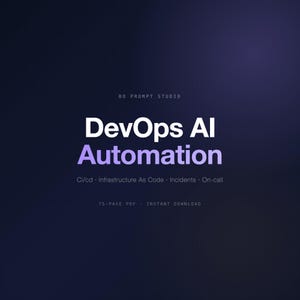 Puede incluir: Gráfico digital con fondo degradado azul oscuro y morado. El texto dice "DevOps AI Automation" en blanco y morado. El texto adicional incluye "Ci/cd, Infrastructure As Code, Incidents, On-call" y "75-PAGE PDF, INSTANT DOWNLOAD."