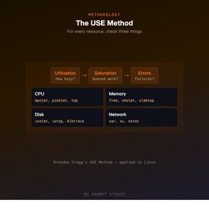 K&ouml;nnte beinhalten: Ein Diagramm mit dem Titel "The USE Method", das die Ressourcen&uuml;berwachung detailliert. Es listet CPU, Speicher, Festplatte und Netzwerk mit zugeh&ouml;rigen Befehlen auf. Der Text befindet sich auf einem Farbverlaufshintergrund mit dem Text "Brendan Gregg's USE Method - applied to Linux".