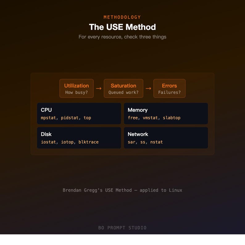 K&ouml;nnte beinhalten: Ein Diagramm mit dem Titel "The USE Method", das die Ressourcen&uuml;berwachung detailliert. Es listet CPU, Speicher, Festplatte und Netzwerk mit zugeh&ouml;rigen Befehlen auf. Der Text befindet sich auf einem Farbverlaufshintergrund mit dem Text "Brendan Gregg's USE Method - applied to Linux".