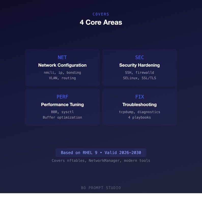 May include: A dark blue graphic with the text "COVERS 4 Core Areas." The graphic is divided into four sections: NET, SEC, PERF, and FIX, each with related subtopics. The bottom of the graphic reads "Based on RHEL 9 &bull; Valid 2026-2030."