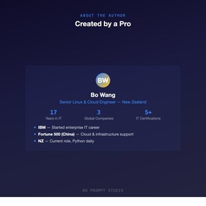 Pu&ograve; includere: Grafica blu scuro con il testo "INFORMAZIONI SULL'AUTORE" e "Creato da un professionista". Presenta un profilo di Bo Wang, un Senior Linux & Cloud Engineer della Nuova Zelanda, con dettagli sulla sua esperienza.