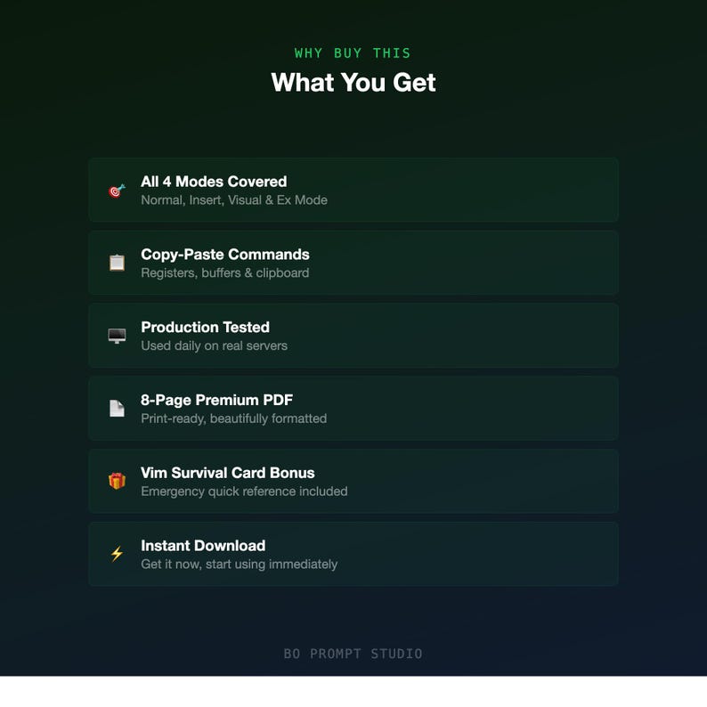 Puede incluir: Un gr&aacute;fico verde oscuro con texto blanco. El texto dice "WHY BUY THIS" y "What You Get". El gr&aacute;fico enumera caracter&iacute;sticas que incluyen "All 4 Modes Covered", "Copy-Paste Commands" e "Instant Download".