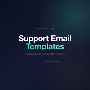 Może przedstawiać: Grafika cyfrowa z ciemnoniebieskim i turkusowym gradientem w tle. Tekst brzmi "Support Email Templates" w kolorze białym i turkusowym, z napisem "Technical Support Communication Templates" poniżej. Grafika zawiera również napis "31-STRON PDF - NATYCHMIASTOWE POBIERANIE".