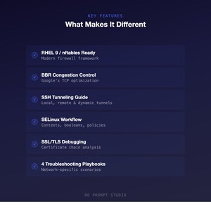 May include: A dark blue graphic with the text "KEY FEATURES" and "What Makes It Different." The image lists features including firewall, TCP optimization, SSH tunneling, SELinux workflow, SSL/TLS debugging, and troubleshooting playbooks.