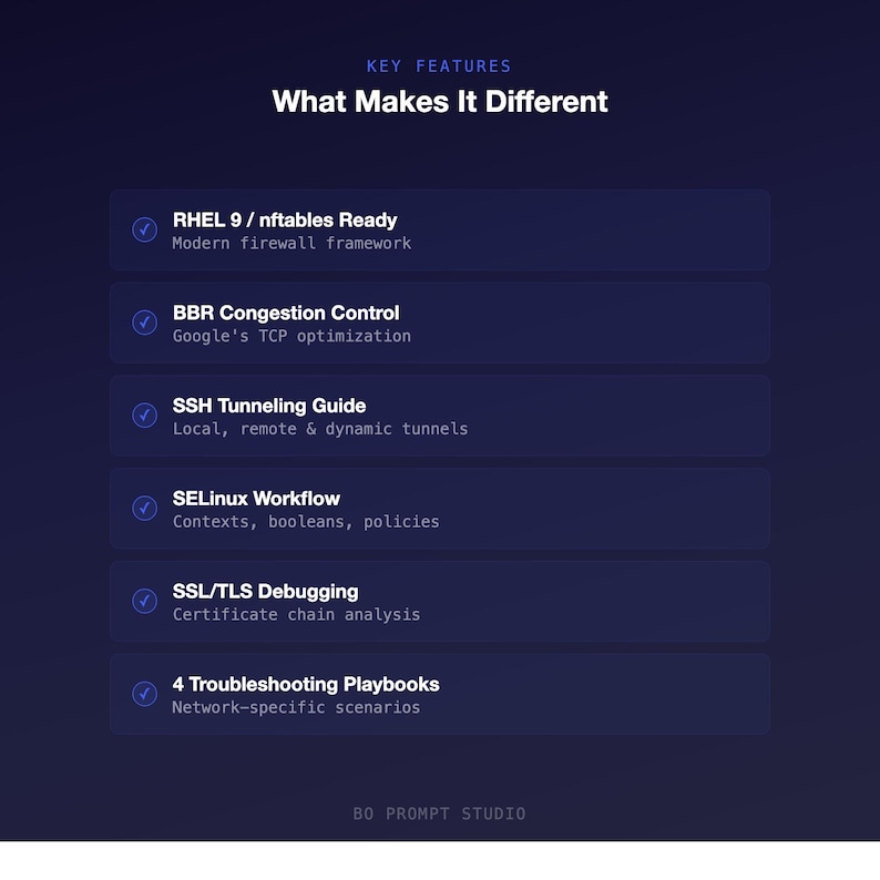 May include: A dark blue graphic with the text "KEY FEATURES" and "What Makes It Different." The image lists features including firewall, TCP optimization, SSH tunneling, SELinux workflow, SSL/TLS debugging, and troubleshooting playbooks.
