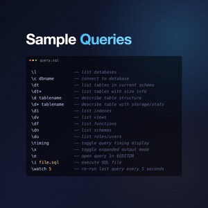 Op de afbeelding: Een donkerblauwe afbeelding met de tekst "Sample Queries" in het wit. Hieronder toont een codeblok SQL-opdrachten zoals "list databases" en "connect to database". De bestandsnaam "query.sql" is ook zichtbaar.