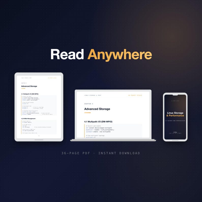 May include: A digital product advertisement featuring a tablet, laptop, and smartphone displaying the text "Advanced Storage" and "Linux Storage & Performance." The phrase "Read Anywhere" is in orange. The bottom of the image reads "36-PAGE PDF - INSTANT DOWNLOAD."