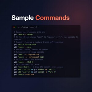Pode incluir: Um fundo escuro com as palavras "Sample Commands" em branco e laranja. Abaixo, um trecho de c&oacute;digo em uma caixa escura mostra comandos para git rebase, incluindo op&ccedil;&otilde;es para compactar, editar e dividir commits. O texto est&aacute; em uma fonte monoespa&ccedil;ada.