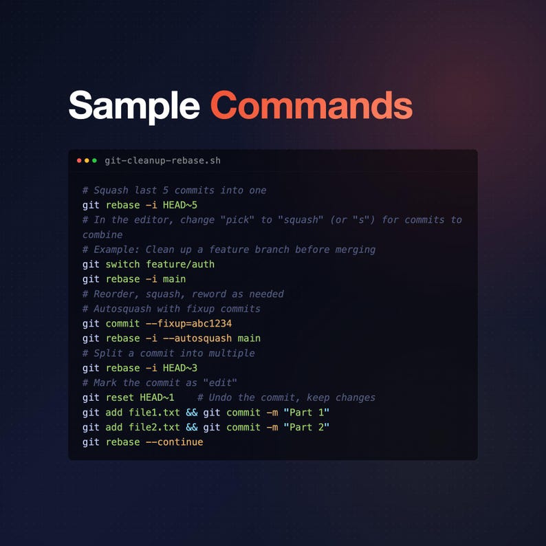 Pode incluir: Um fundo escuro com as palavras "Sample Commands" em branco e laranja. Abaixo, um trecho de c&oacute;digo em uma caixa escura mostra comandos para git rebase, incluindo op&ccedil;&otilde;es para compactar, editar e dividir commits. O texto est&aacute; em uma fonte monoespa&ccedil;ada.