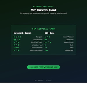 Puede incluir: Una tarjeta de supervivencia Vim verde con texto blanco, que proporciona una referencia r&aacute;pida para los comandos de terminal. La tarjeta incluye secciones para movimiento, b&uacute;squeda y edici&oacute;n, con comandos como 'hjkl' y ':wq'.