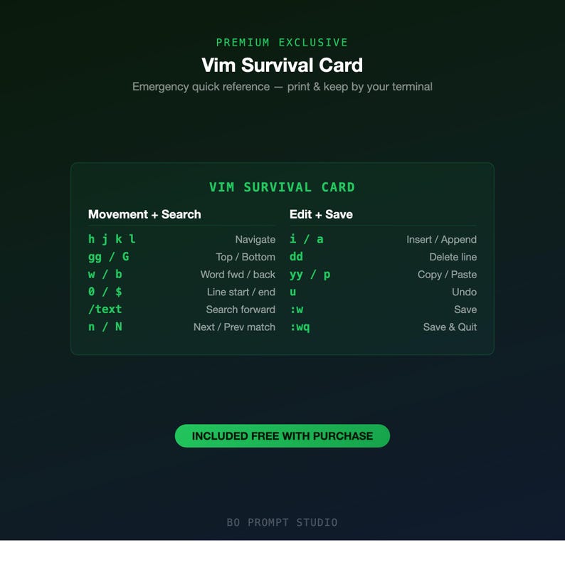 Puede incluir: Una tarjeta de supervivencia Vim verde con texto blanco, que proporciona una referencia r&aacute;pida para los comandos de terminal. La tarjeta incluye secciones para movimiento, b&uacute;squeda y edici&oacute;n, con comandos como 'hjkl' y ':wq'.