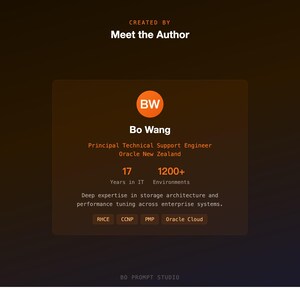 K&ouml;nnte beinhalten: Digitalgrafik mit dem Text "Meet the Author" und einem Profil von Bo Wang. Das Profil enth&auml;lt die Initialen "BW" in einem orangefarbenen Kreis, Berufsbezeichnung und Erfahrung. IT-Zertifizierungen sind ebenfalls aufgef&uuml;hrt.