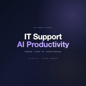 Puede incluir: Gráfico digital con un fondo degradado azul oscuro y púrpura. El texto dice "IT Support AI Productivity" en blanco y púrpura. El texto adicional incluye "Helpdesk Tickets Kb Incident Response" y "68-PAGE PDF - INSTANT DOWNLOAD."